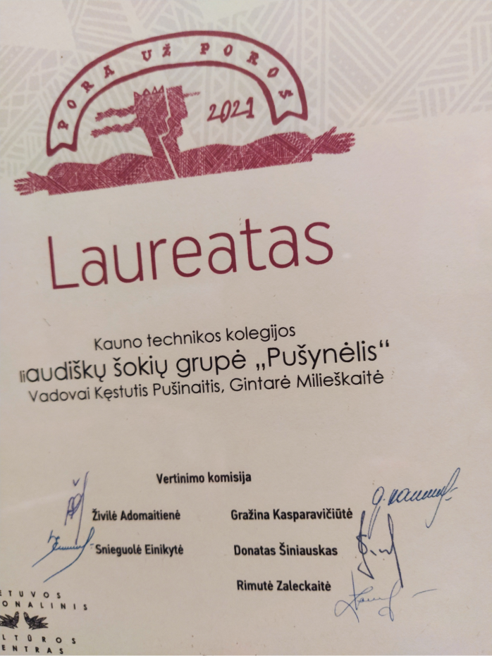 KTK tautinių šokių kolektyvas "Pušynėlis" apdovanotas laureato diplomu tautinių šokių konkurse "Pora už poros"